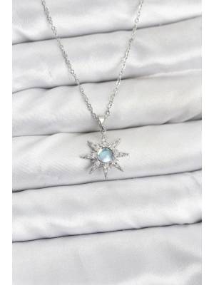 ® 316L Çelik Zincir Gümüş Renk Kutup Yıldızı Model Zirkon Taşlı Kadın Kolye