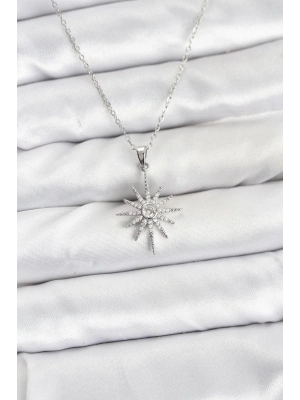 ® 316L Çelik Zincir Gümüş Renk Kutup Yıldızı Model Zirkon Taşlı Kadın Kolye