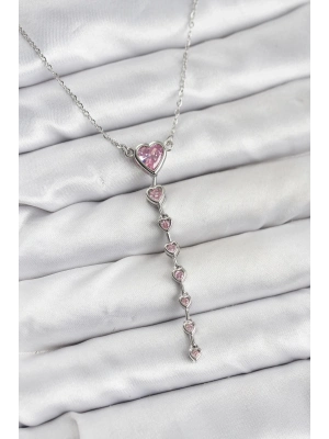 ® 316L Çelik Zincir Gümüş Renk Pembe Kalp Kadın Kolye