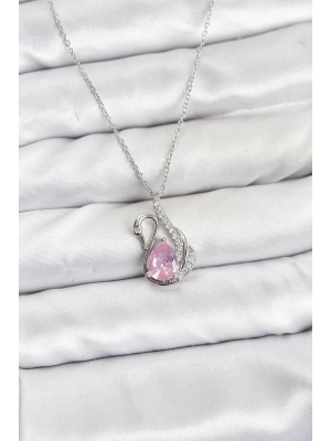 ® 316L Çelik Zincir Gümüş Renk Pembe Kuğu Model Zirkon Taşlı Kadın Kolye