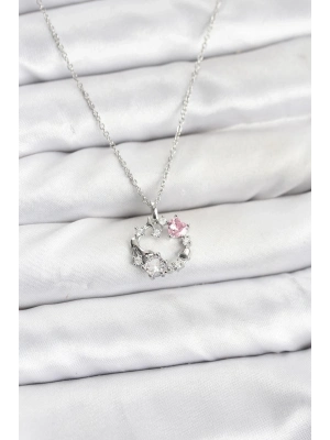 ® 316L Çelik Zincir Gümüş Renk Pembe Taş Detaylı Çelenk Model Kadın Kolye
