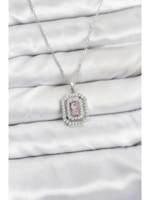 ® 316L Çelik Zincir Gümüş Renk Plaka Model Zirkon Taşlı Kadın Kolye