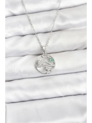 ® 316L Çelik Zincir Gümüş Renk Şans Kolyesi Model Zirkon Taşlı Kadın Kolye