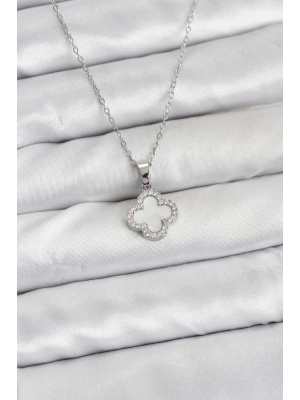 ® 316L Çelik Zincir Gümüş Renk Sedefli Yonca Kadın Kolye