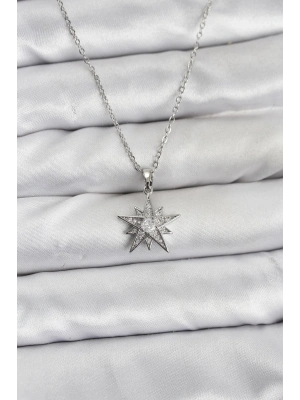 ® 316L Çelik Zincir Gümüş Renk Yıldız Model Zirkon Taşlı Kadın Kolye