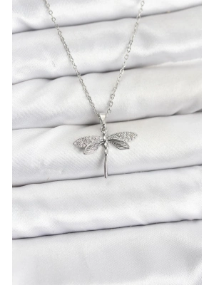 ® 316L Çelik Zincir Gümüş Renk Yusufçuk Model Zirkon Taşlı Kadın Kolye