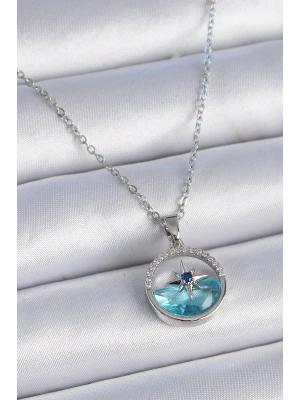 ® 316L Çelik Zincir Gümüş Renk Zirkon Taşlı Deniz Görünüm Kutup Yıldızı Kolye