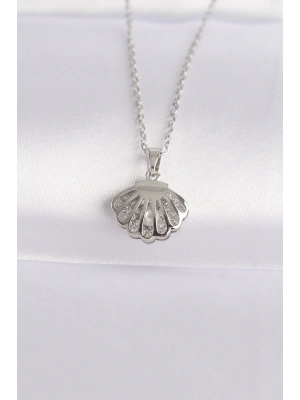 ® 316L Çelik Zincir Gümüş Renk Zirkon Taşlı İnci Detay İstiridye Kolye