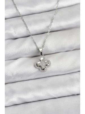 ® 316L Çelik Zincir Gümüş Renk Zirkon Taşlı Yonca Model Kadın Kolye