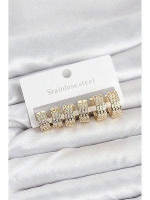 ® 316L Çelik Zirkon Taşlı Gold Halka Küpe Seti