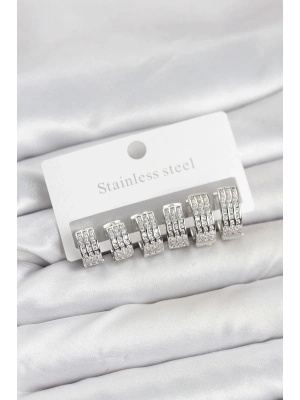® 316L Çelik Zirkon Taşlı Gümüş Renk Halka Küpe Seti