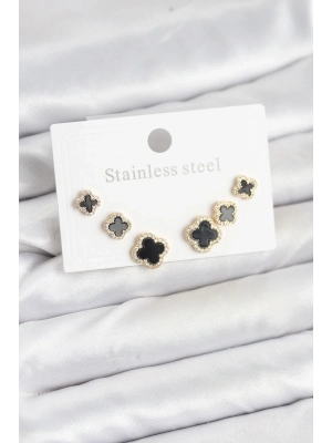 ® 316L Çelik Zirkon Taşlı Yonca Model Kadın Küpe Seti