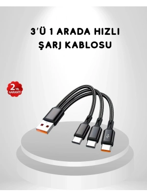 ® 3’ü 1 Arada Hızlı Şarj Kablosu iOS Android Type-C Uyumlu ve Dayanıklı