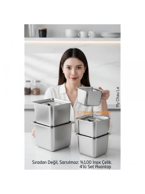 ® 4lü Inox Saklama Kabı - Hava Sızdırmaz Mutfak Düzenleyici 304 Paslanmaz Çelik