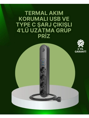 ® 4 Priz 2 USB 1 Type-C Akım Korumalı Çoklu Priz Led Anahtarlı
