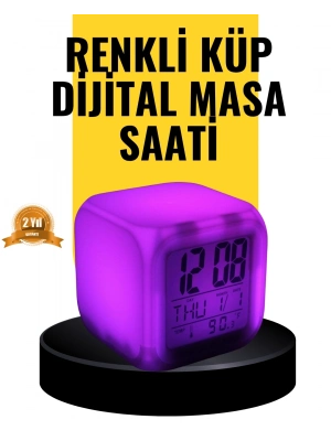 ® 7 Renk LED Işıklı Alarmlı Dijital Küp Masa Saati Termometreli