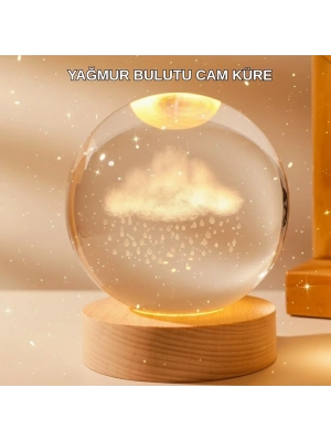 ® 8 cm 3D Yağmur Bulutu Kristal Küre LED Gece Lambası Ahşap Standlı Tasarım Lamba