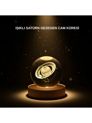 ® Ahşap Tabanlı 3D Satürn Kristal Küre Atmosfer Lambası