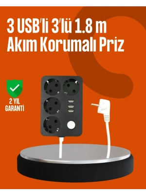 ® Akım Korumalı 3 USB Portlu 4’lü Priz 4.1A Hızlı Şarj