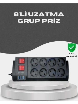 ® Akım Korumalı 8’li Priz 3 USB’li Uzatma Kablosu Isıya Dayanıklı 2 Metre