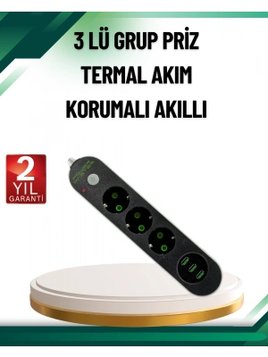 ® Akım Korumalı Anahtarlı USB Girişli Üçlü Priz