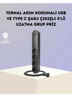 ® Akım Korumalı Çoklu Priz 4’lü 2 USB 1 Type-C 2500W Güçlü Tasarım