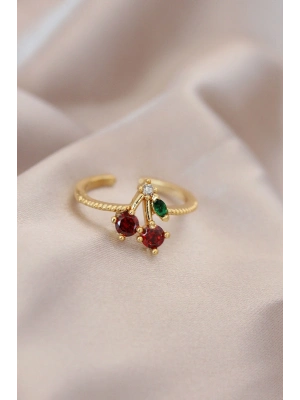 ® Ayarlamalı Gold Renk Metal Renkli Zirkon Taşlı Kiraz Yüzük