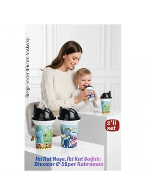 ® Çocuk Pipetli Bardak Seti 2li Dinozor & Süper Kahraman İkili Eğlenceli Kapaklı Suluk Matara 300 ml