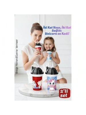 ® Çocuk Pipetli Bardak Seti 2li Unicorn & Kedi Figürlü İkili Eğlenceli Kapaklı Suluk Matara 300 ml