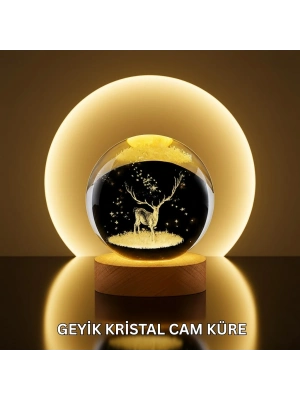 ® Doğal Ahşap Standlı Geyik Figürlü Kristal Küre LED Dekoratif Lamba