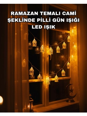 Ev Dekoru İçin Ramazan LED Işık Pilli Sıcak Sarı Cami Figürlü