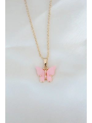 ® Gold Kaplama Pembe Sedefli Kelebek Kolye