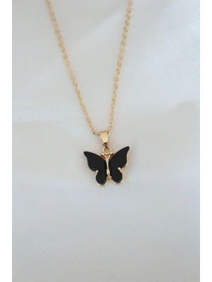® Gold Kaplama Siyah Renkli Sedefli Kelebek Kolye
