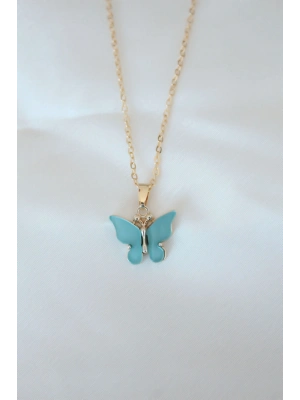 ® Gold Kaplama Turkuaz Renk Sedefli Kelebek Kolye