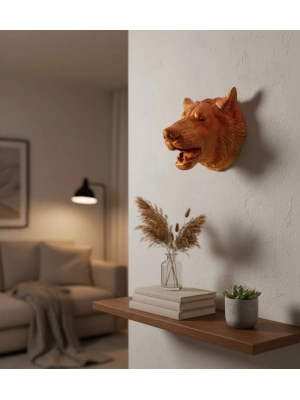 ® Gold Renk 3D Kurt Başı Duvar Dekoru