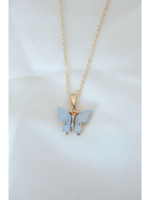 ® Gold Renk Kaplama Buz Mavisi Renk Sedefli Kelebek Kolye