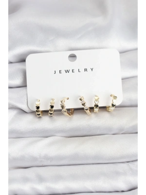 ® Gold Renk Pirinç Minimal Kalp Detaylı Kadın Küpe Seti