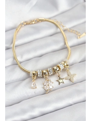 ® Gold Renk Pirinç Yonca Charmlı Kadın Bileklik