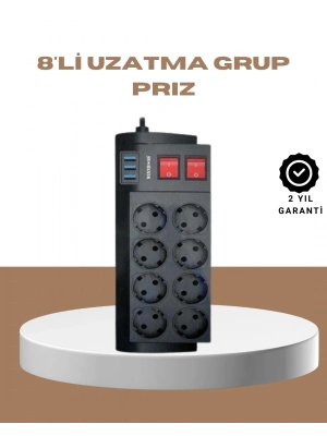 ® Güçlü Termal Korumalı 8 Priz + 3 USB Çoklu Uzatma Kablosu 2m