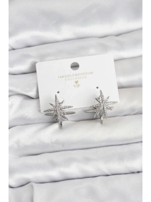 ® Gümüş Renk Pirinç Çift Taraflı Kutup Yıldızı Kadın Küpe