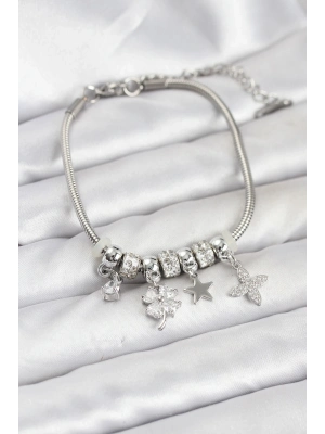 ® Gümüş Renk Pirinç Yonca Charmlı Kadın Bileklik