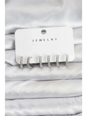 ® Gümüş Renk Pirinç Zirkon Taşlı Halka Kadın Küpe Seti