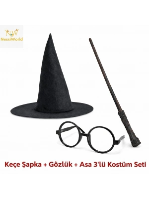 Çocuk Seti (Siyah Keçe Şapka, Asa, Gözlük)