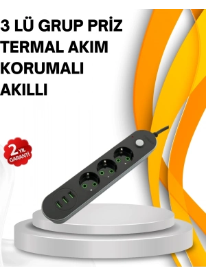 ® Hızlı Şarj Özellikli 3 USB Girişli Üçlü Priz