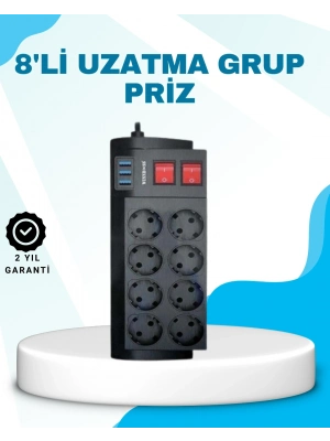 ® Isıya Dayanıklı Termal Akım Korumalı 8li Priz ve 3 USB Girişli Uzatma Kablosu