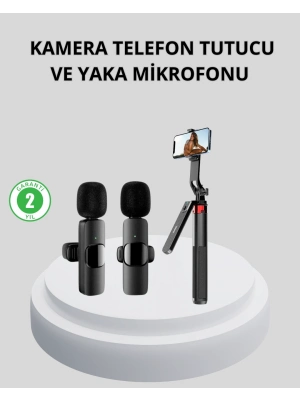 ® Kablosuz Çift Yaka Mikrofonu ve Tripodlu Selfie Çubuğu İçerik Üretici Seti