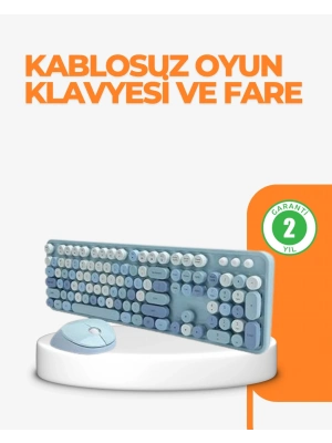® Kablosuz Retro Klavye ve Mouse Seti – 104 Tuşlu Sevimli Tasarım
