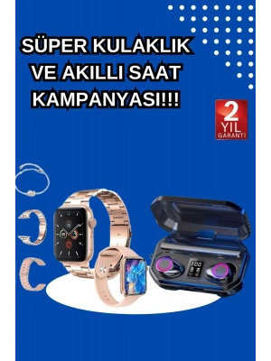 ® Kadınlar İçin 3 Kordonlu Akıllı Saat ve Dijital Göstergeli Powerbankli Bluetooth Kulaklık Dokunmatik Kontrol