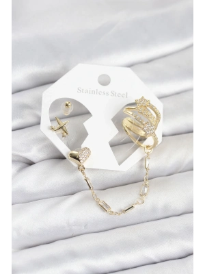 ® Kalp Yıldız Model Pirinç Gold Renk Zincir Bağlantılı Ear Cuff Küpe Seti