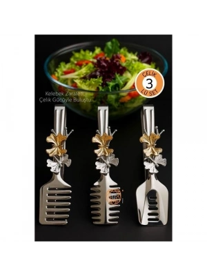 ® Kelebek Figürlü 3’lü Paslanmaz Çelik Servis Maşası Seti - Salata, Pasta ve Izgara Maşası